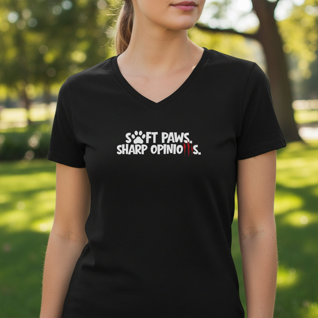 Soft Paws, Sharp Opinions Women’s V-Neck Tee