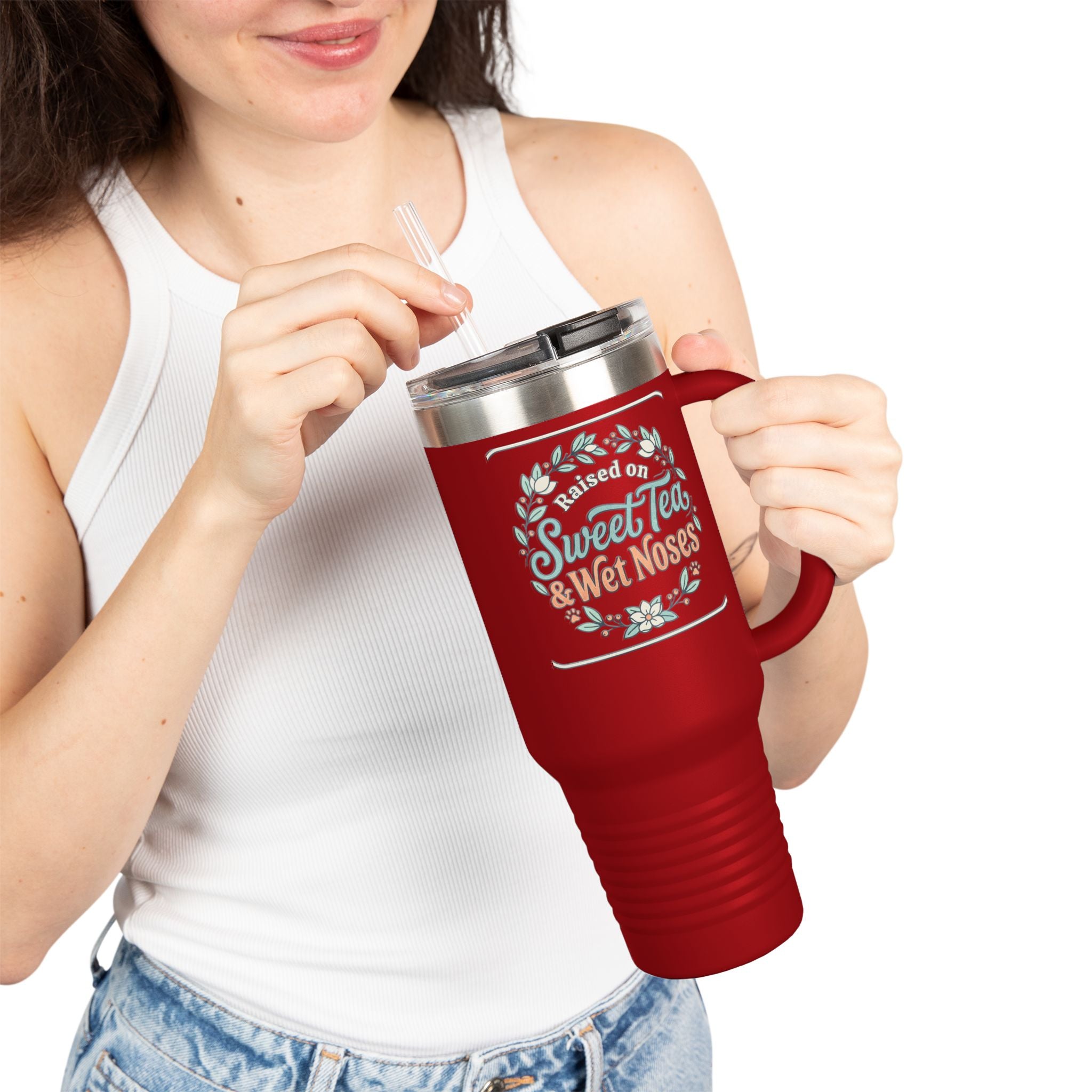 40oz Insulated Travel Mug — "Fueled by Sweet Tea & Wet Noses" Rustic Floral Design