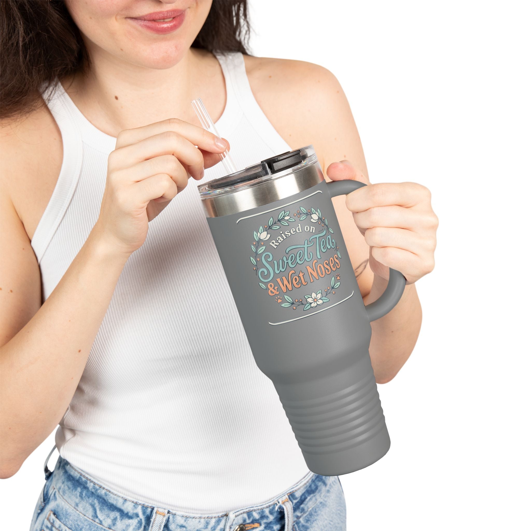 40oz Insulated Travel Mug — "Fueled by Sweet Tea & Wet Noses" Rustic Floral Design