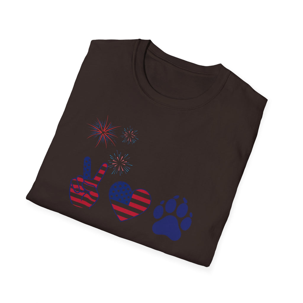 Patriotic Peace Heart Paw T-Shirt – USA Flag Dog Lover Tee for 4th of July