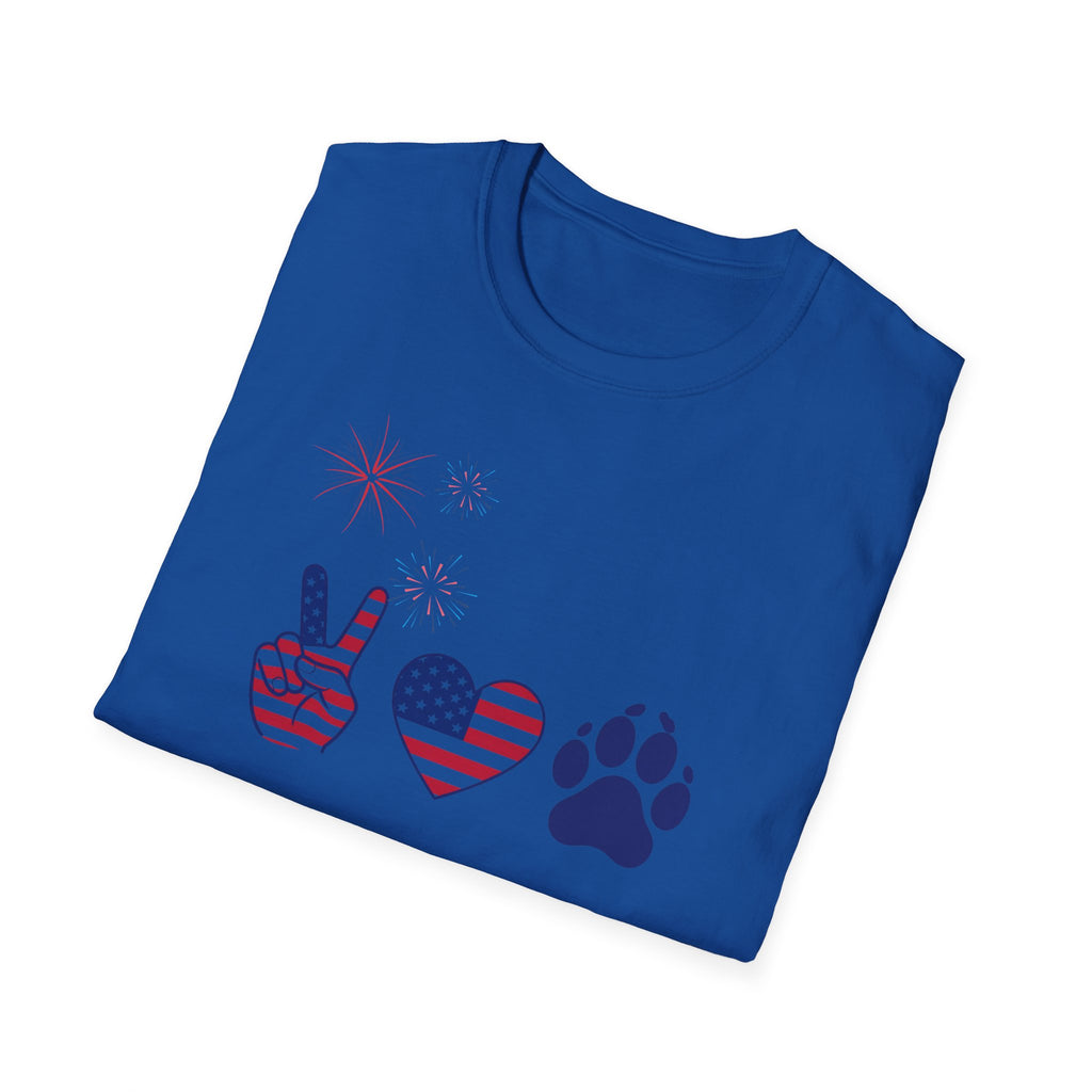 Patriotic Peace Heart Paw T-Shirt – USA Flag Dog Lover Tee for 4th of July