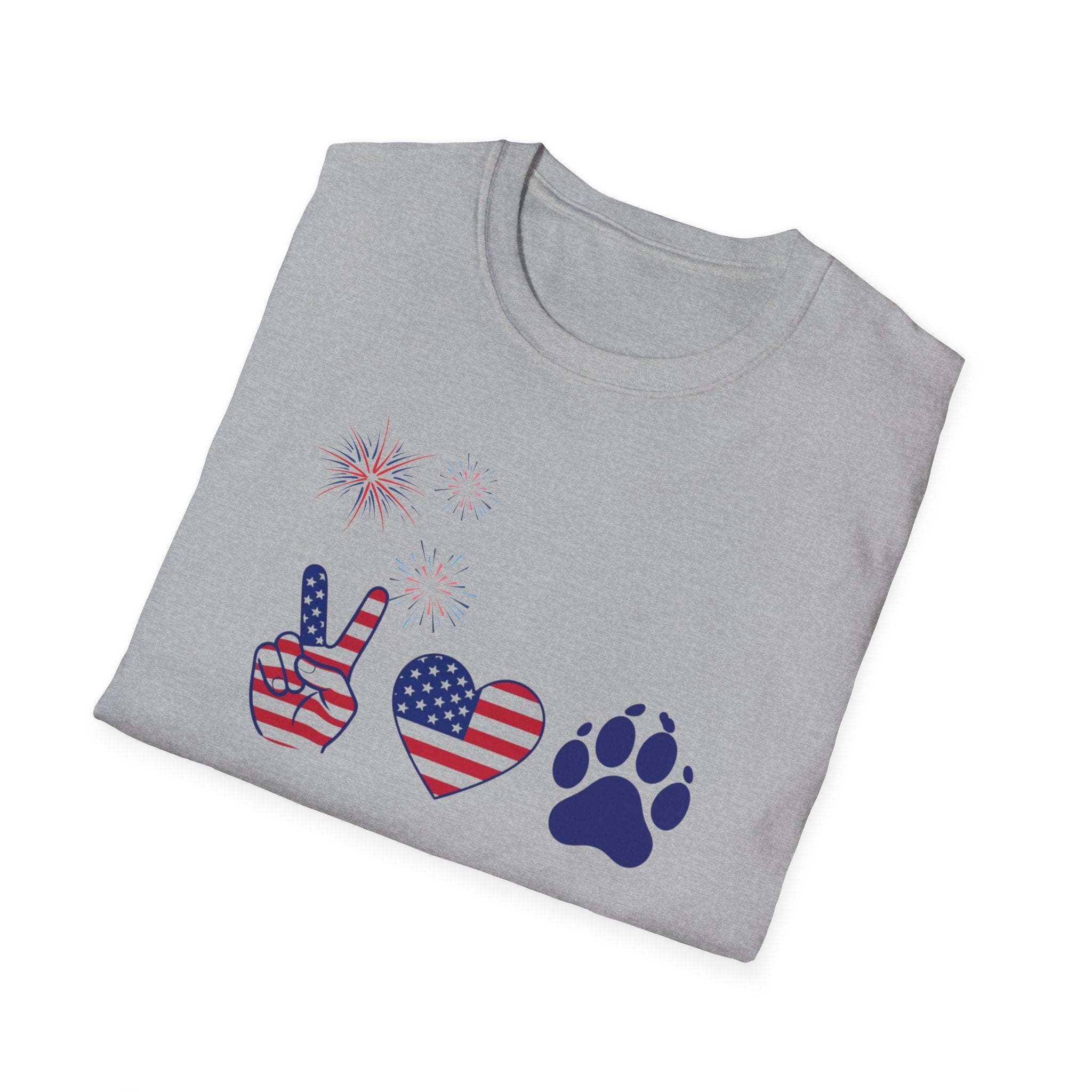 Patriotic Peace Heart Paw T-Shirt – USA Flag Dog Lover Tee for 4th of July
