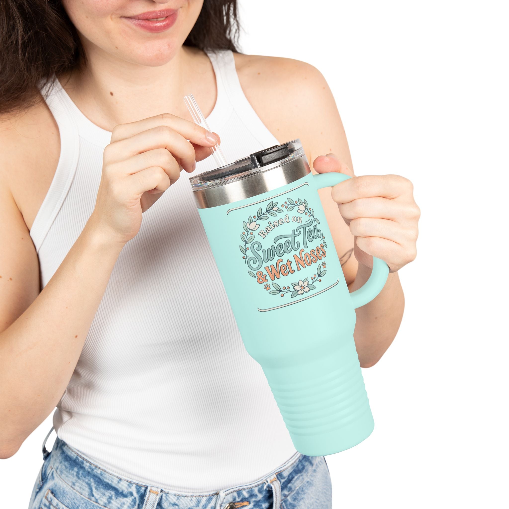 40oz Insulated Travel Mug — "Fueled by Sweet Tea & Wet Noses" Rustic Floral Design
