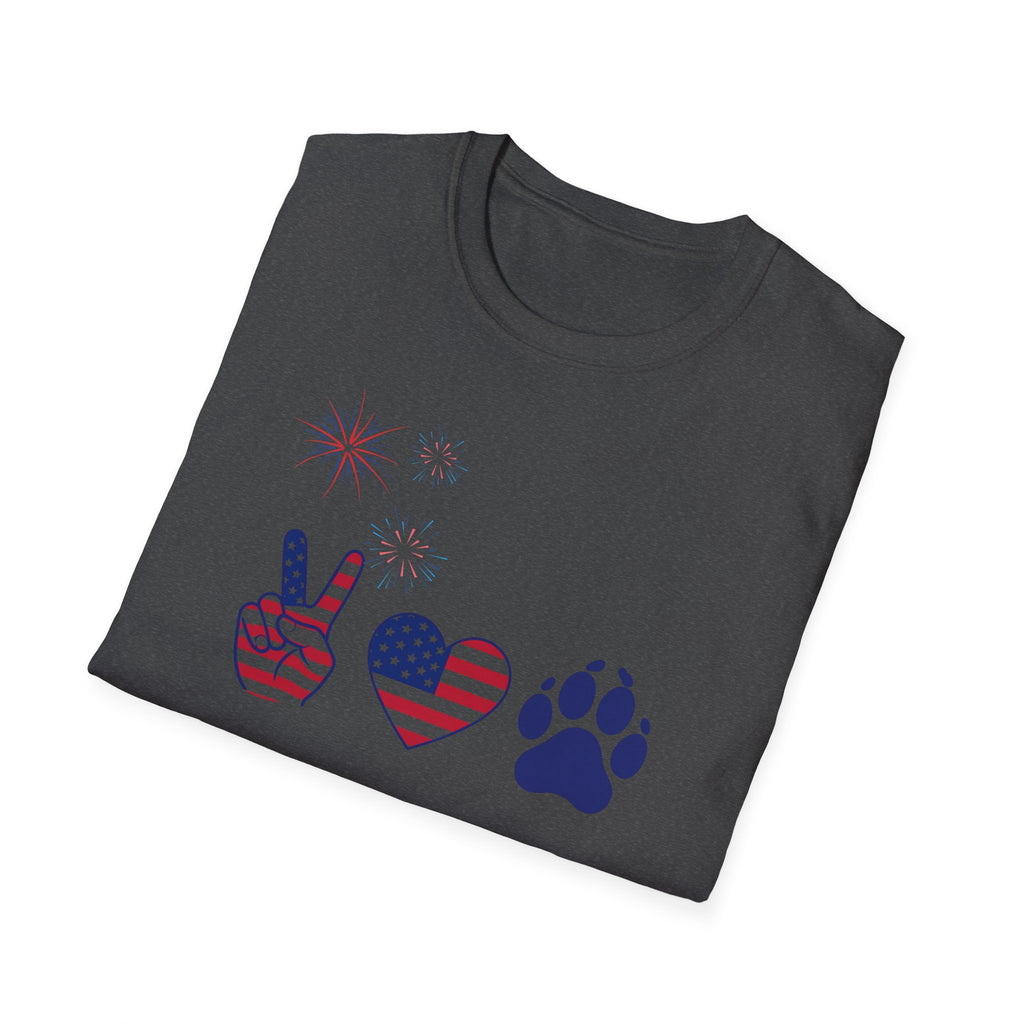 Patriotic Peace Heart Paw T-Shirt – USA Flag Dog Lover Tee for 4th of July