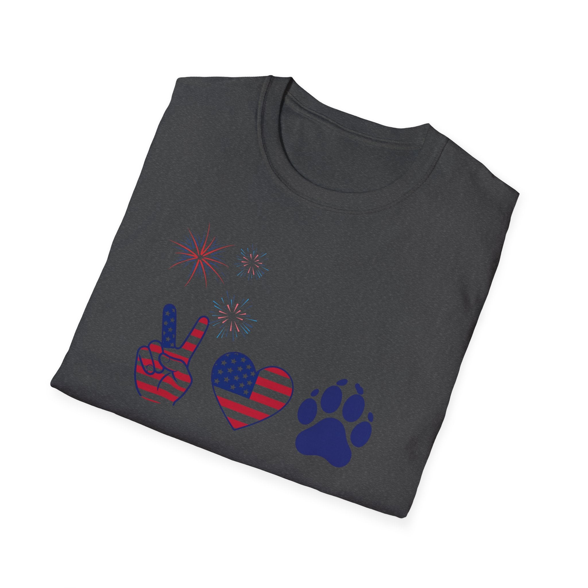 Patriotic Peace Heart Paw T-Shirt – USA Flag Dog Lover Tee for 4th of July