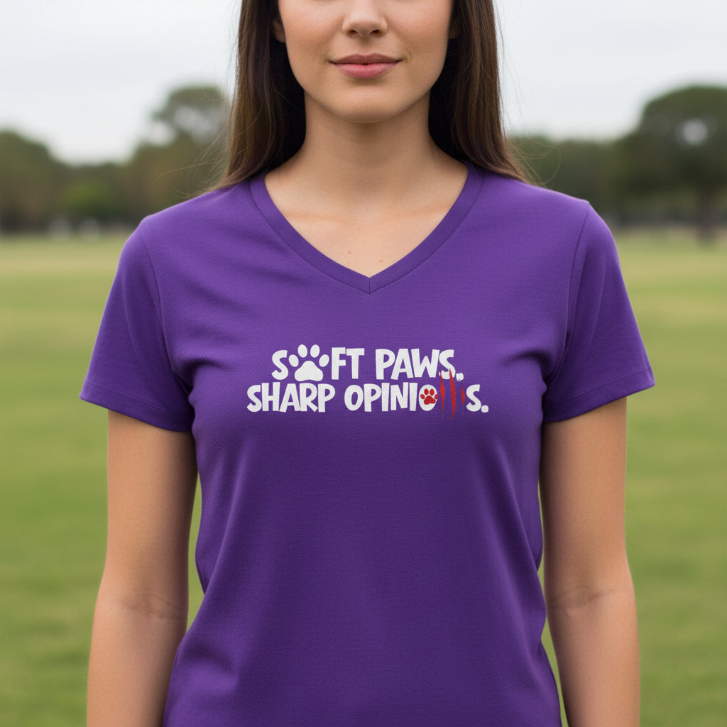 Soft Paws, Sharp Opinions Women’s V-Neck Tee