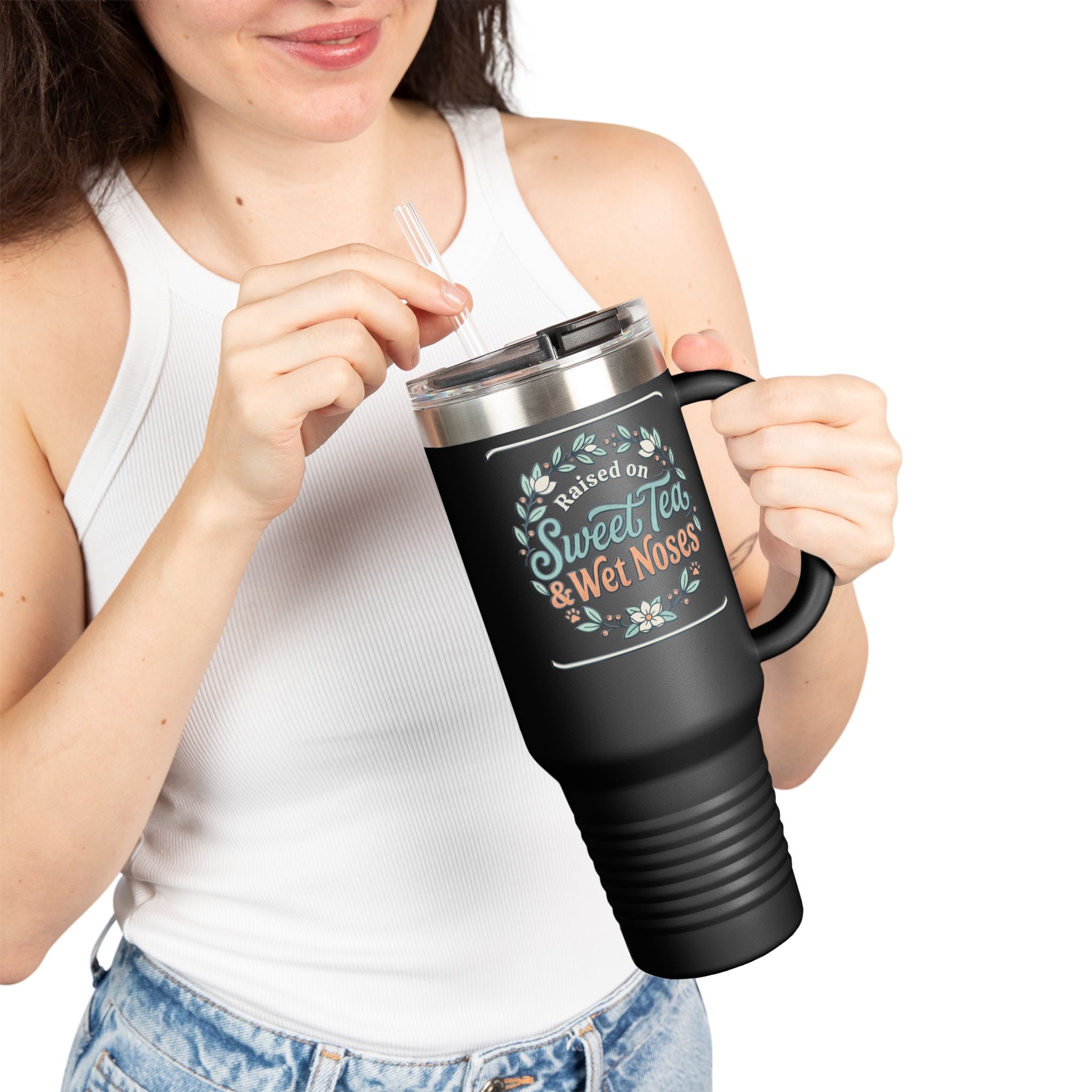40oz Insulated Travel Mug — "Fueled by Sweet Tea & Wet Noses" Rustic Floral Design
