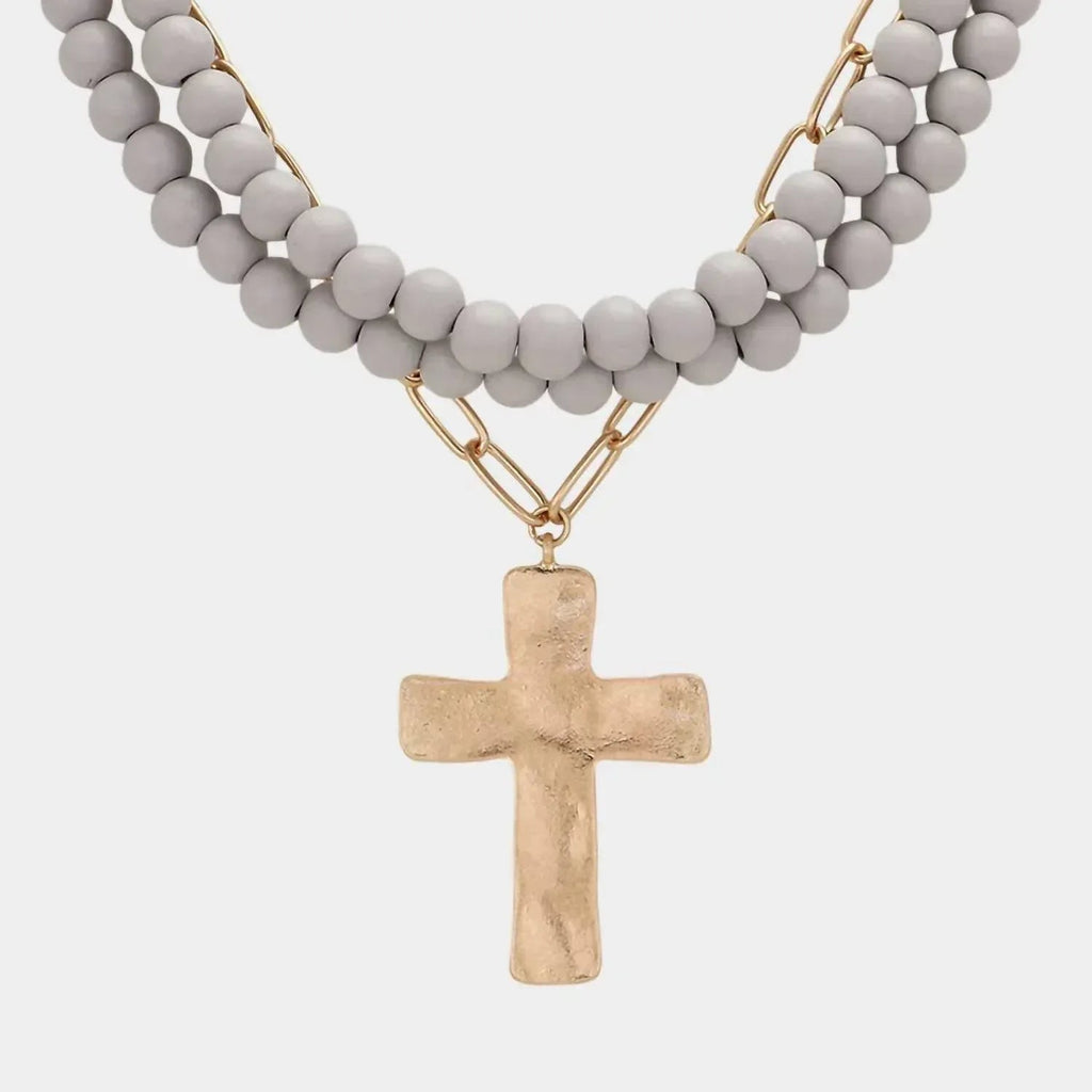 Women's Maribelle Hammered Metal Cross Pendant Wood Bead Necklace