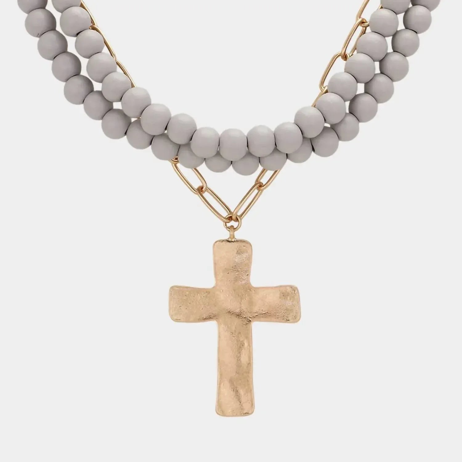 Women's Maribelle Hammered Metal Cross Pendant Wood Bead Necklace