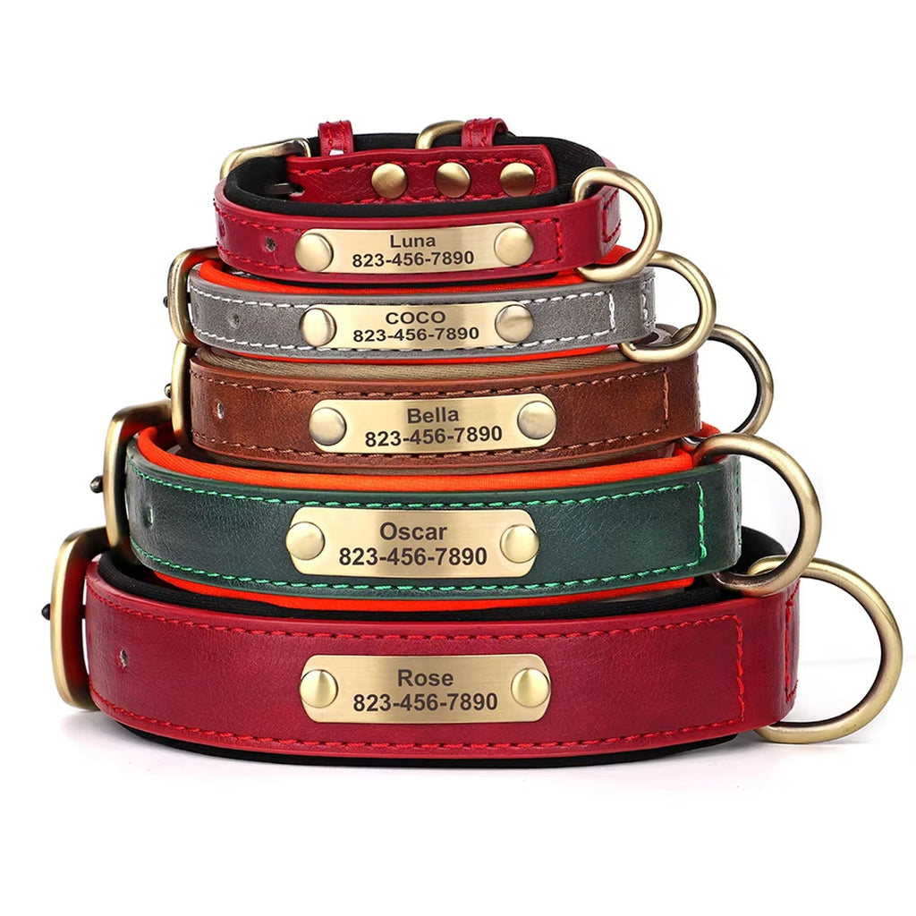 Personalized Dog Collar, Custom Engraved PU Leather Dog Collars, Free Engraving ID Tag Nameplate For Small Medium Large Dogs - C1502