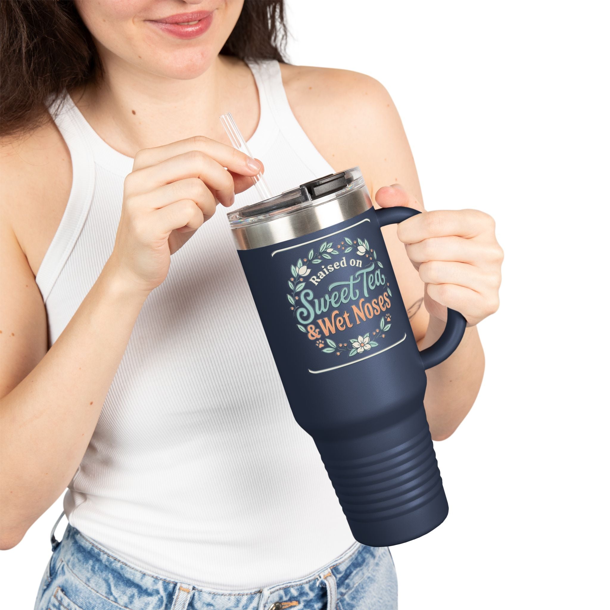 40oz Insulated Travel Mug — "Fueled by Sweet Tea & Wet Noses" Rustic Floral Design
