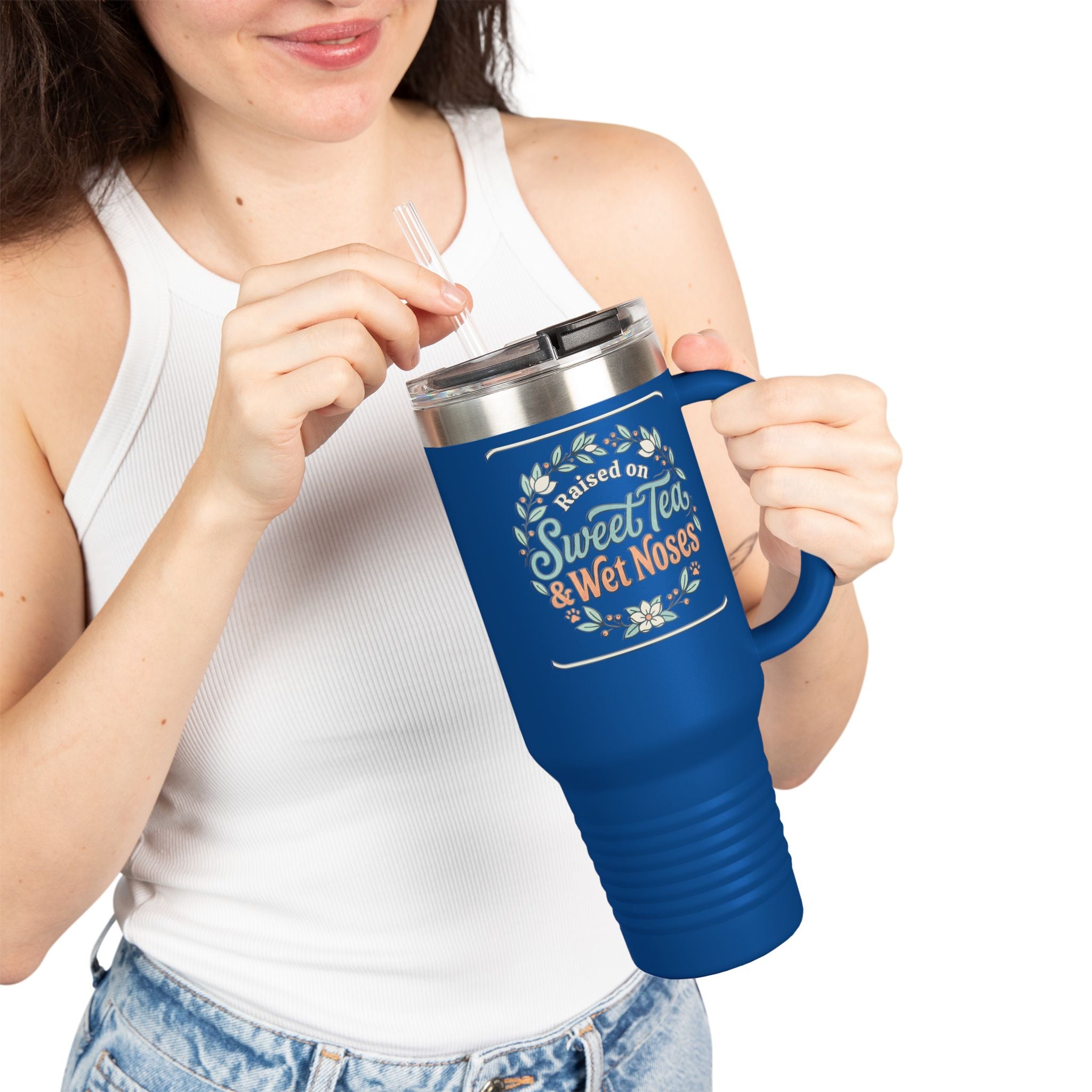 40oz Insulated Travel Mug — "Fueled by Sweet Tea & Wet Noses" Rustic Floral Design