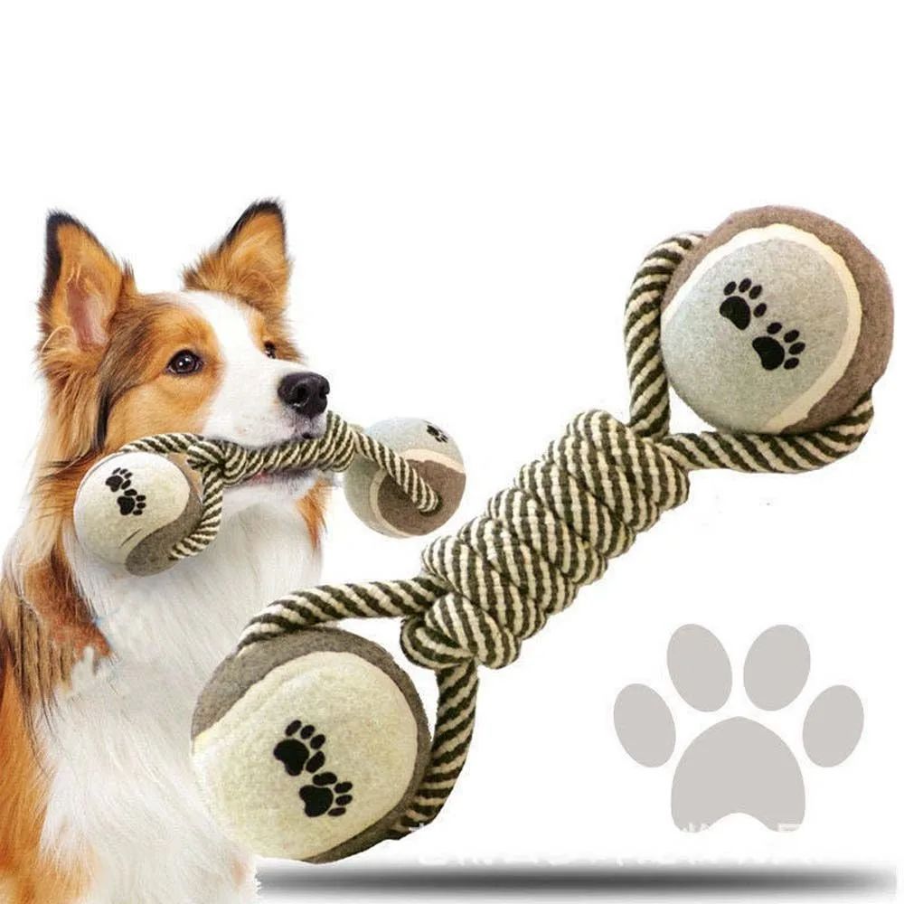 Dog playing with a chew toy featuring paw prints on a white background