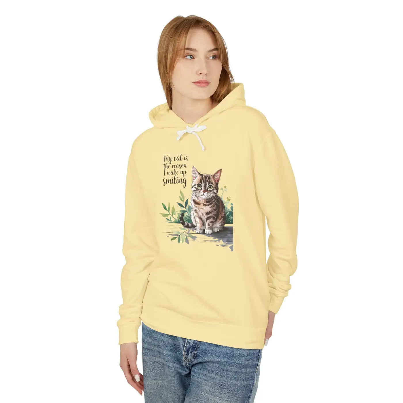 Smiling Cat Lover Lightweight Hoodie - Soft Morning Wear - Dipaliz