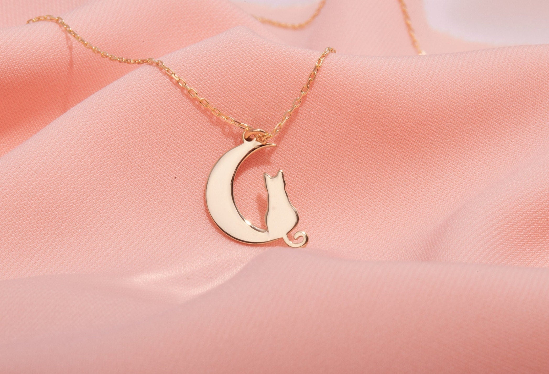 Moonlit Whiskers Sterling Silver Cat on Moon Necklace - Enchanting Celestial Jewelry Gift